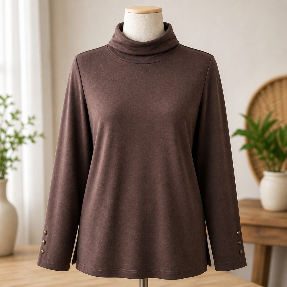 D&Co Essentials Brown Turtleneck Top Long Sleeve Gold‎ Button Cuff Petite Large